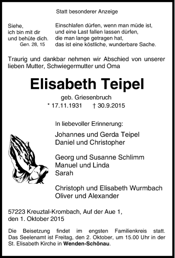 Traueranzeige von Elisabeth Teipel von Tageszeitung