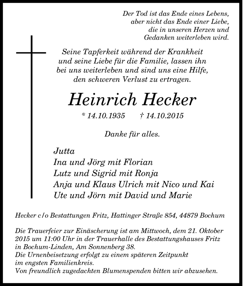  Traueranzeige für Heinrich Hecker vom 17.10.2015 aus Tageszeitung