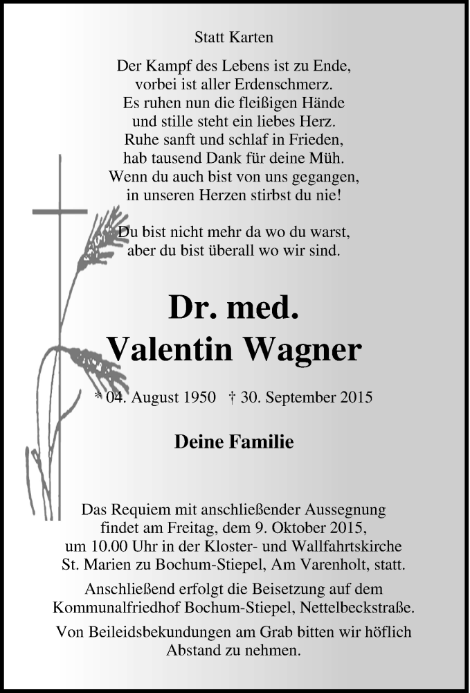  Traueranzeige für Valentin Wagner vom 06.10.2015 aus Tageszeitung