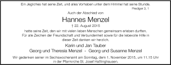 Traueranzeige von Hannes Menzel von Tageszeitung