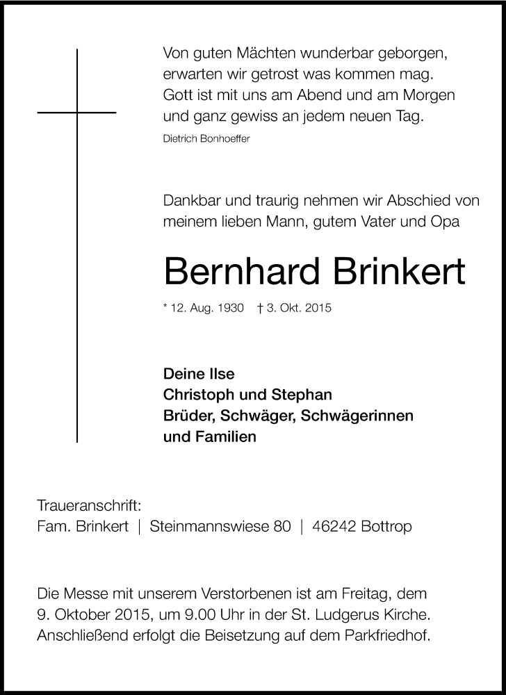  Traueranzeige für Bernhard Brinkert vom 06.10.2015 aus Tageszeitung