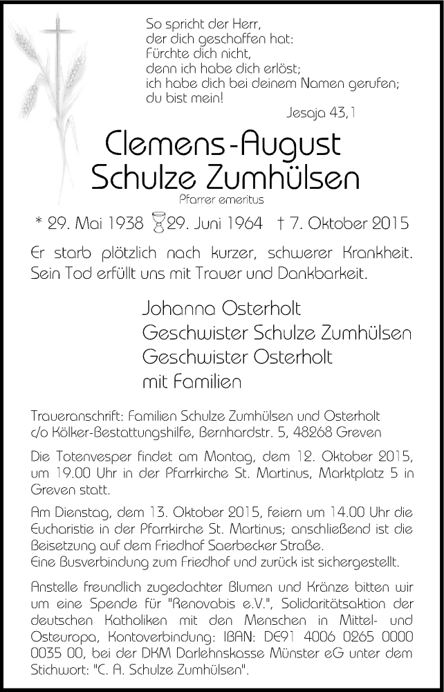  Traueranzeige für Clemens-August Schulze Zumhülsen vom 10.10.2015 aus Tageszeitung