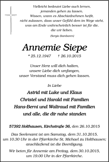 Traueranzeige von Annemie Siepe von Tageszeitung