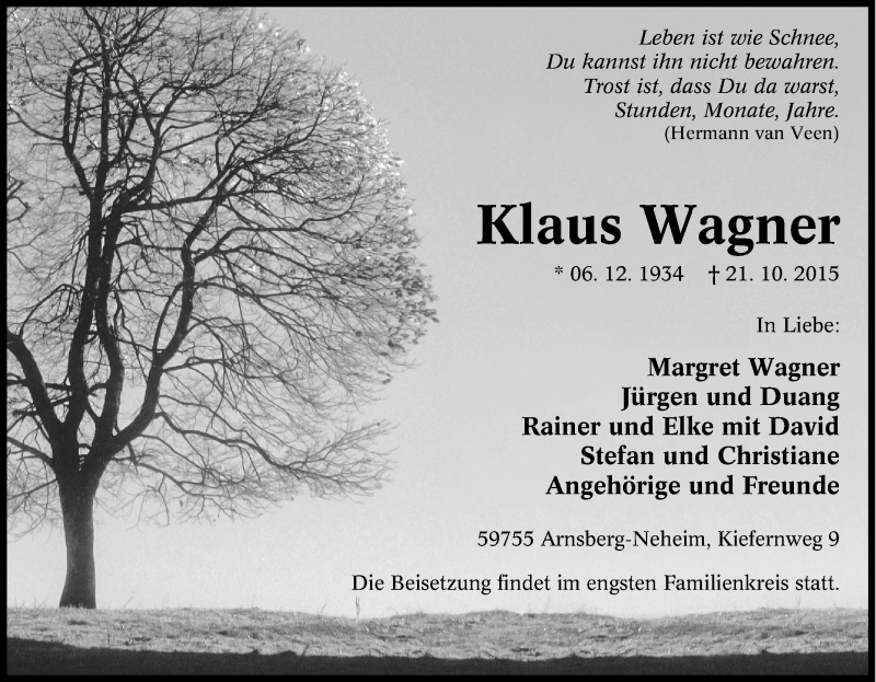  Traueranzeige für Klaus Wagner vom 24.10.2015 aus Tageszeitung