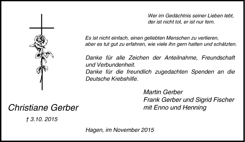  Traueranzeige für Christiane Gerber vom 11.11.2015 aus Tageszeitung