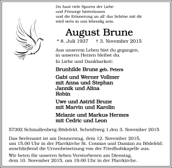 Traueranzeige von August Brune von Tageszeitung