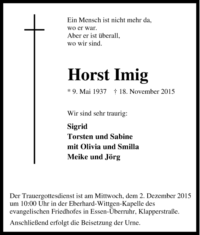  Traueranzeige für Horst Imig vom 28.11.2015 aus Tageszeitung
