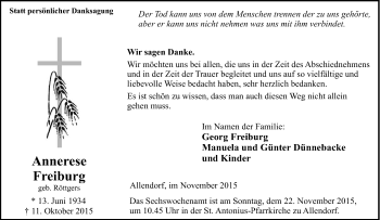 Traueranzeige von Annerese Freiburg von Tageszeitung