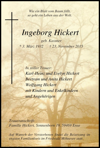 Traueranzeige von Ingeborg Hickert von Tageszeitung