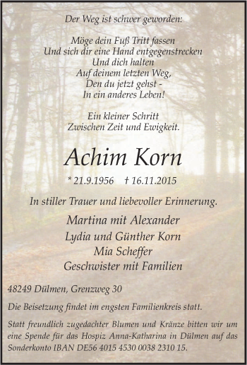 Traueranzeige von Achim Korn von Tageszeitung