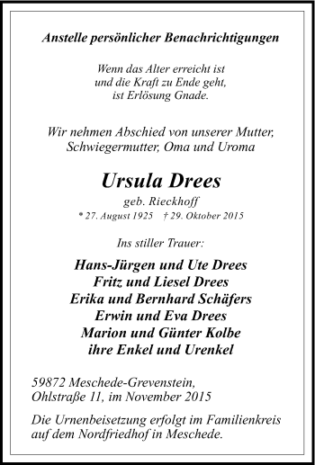 Traueranzeige von Ursula Drees von Tageszeitung