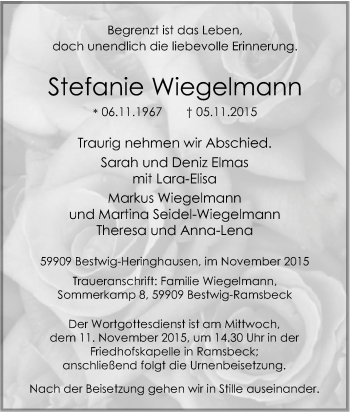 Traueranzeige von Stefanie Wiegelmann von Tageszeitung