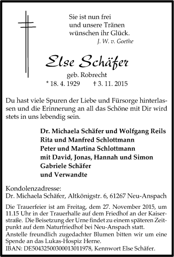 Traueranzeige von Else Schäfer von Tageszeitung