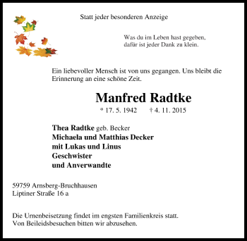 Traueranzeige von Manfred Radtke von Tageszeitung