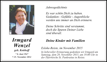 Traueranzeige von Irmgard Wenzel von Tageszeitung