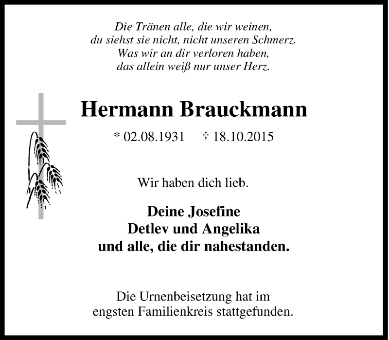 Traueranzeige für Hermann Brauckmann vom 06.11.2015 aus waz
