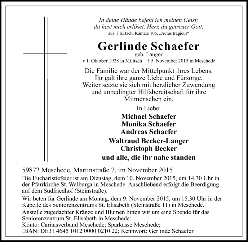  Traueranzeige für Gerlinde Schaefer vom 07.11.2015 aus Tageszeitung