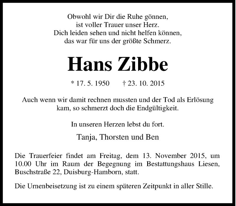  Traueranzeige für Hans Zibbe vom 07.11.2015 aus Tageszeitung