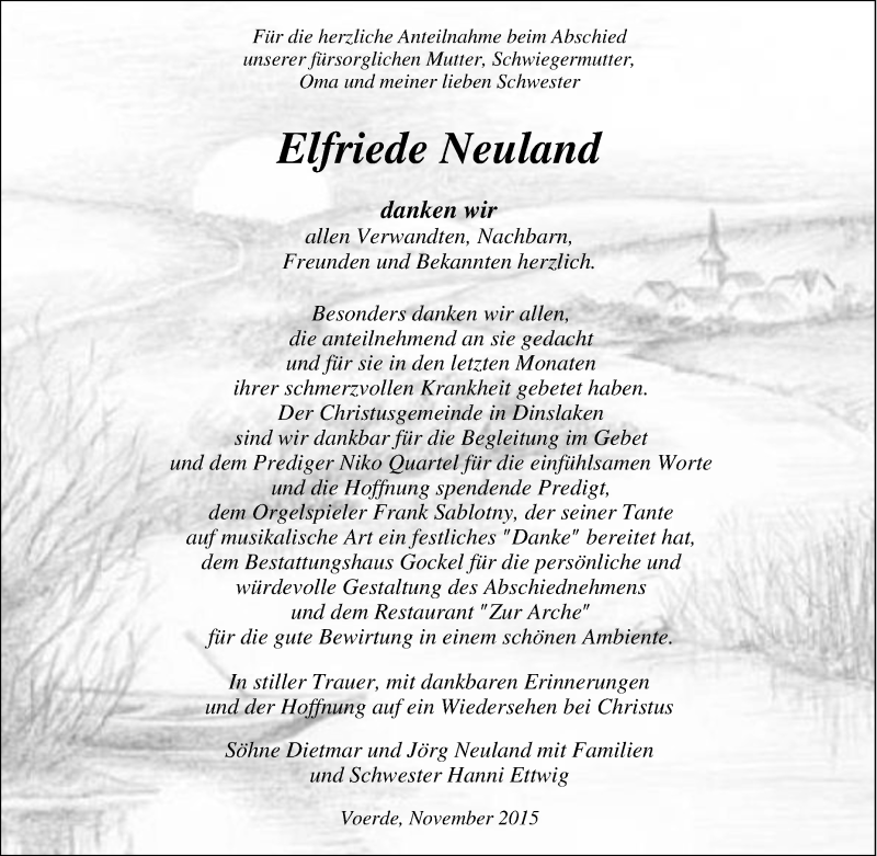  Traueranzeige für Elfriede Neuland vom 28.11.2015 aus Tageszeitung