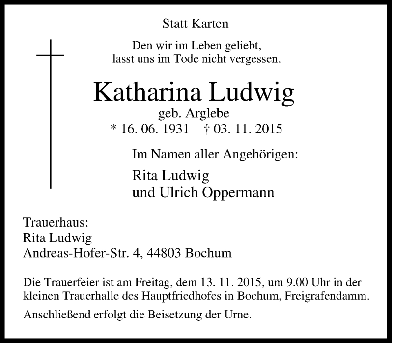 Traueranzeigen von Katharina Ludwig TrauerinNRW.de