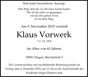 Traueranzeige von Klaus Vorwerk von Tageszeitung