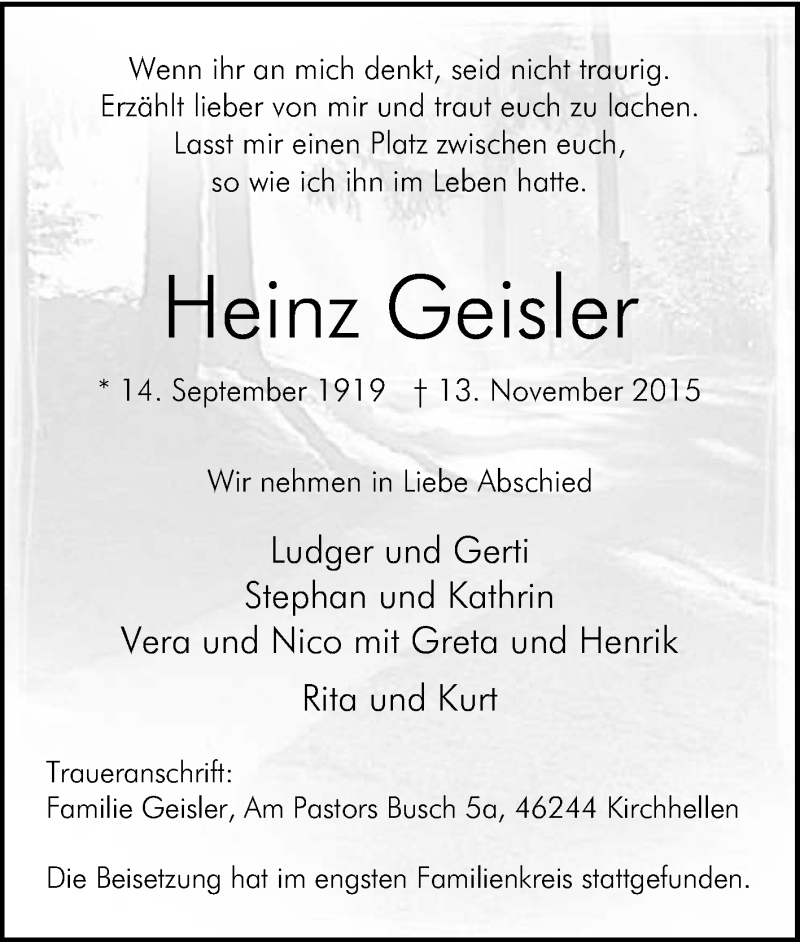  Traueranzeige für Heinz Geisler vom 21.11.2015 aus Tageszeitung