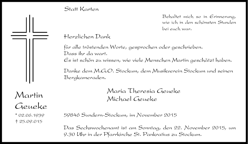  Traueranzeige für Martin Geueke vom 16.11.2015 aus Tageszeitung