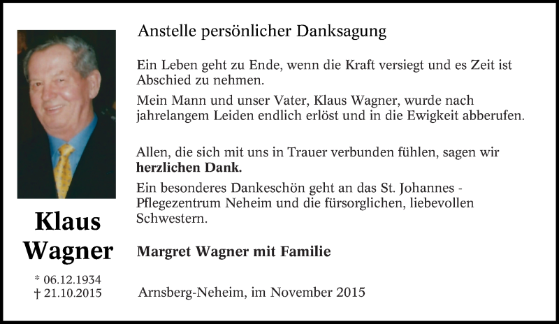  Traueranzeige für Klaus Wagner vom 28.11.2015 aus Tageszeitung