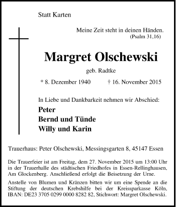 Traueranzeige von Margret Olschewski von Tageszeitung
