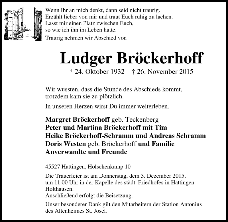  Traueranzeige für Ludger Bröckerhoff vom 30.11.2015 aus Tageszeitung