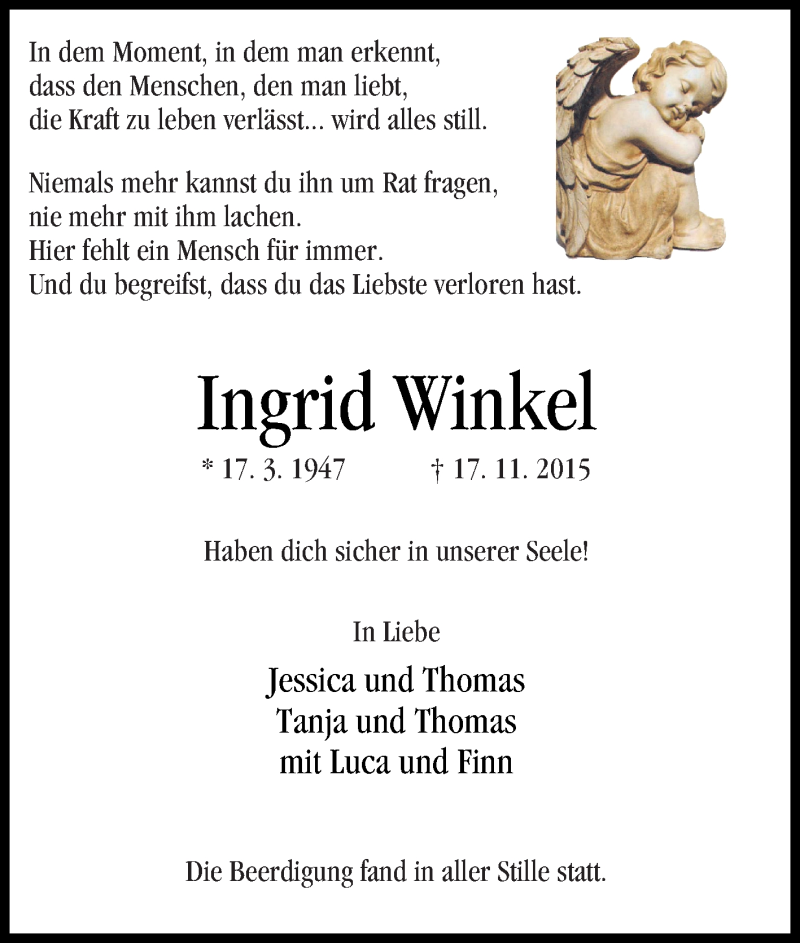  Traueranzeige für Ingrid Winkel vom 28.11.2015 aus Tageszeitung