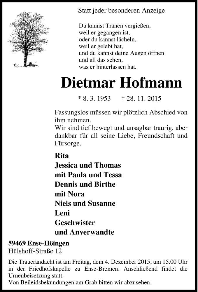  Traueranzeige für Dietmar Hofmann vom 30.11.2015 aus Tageszeitung