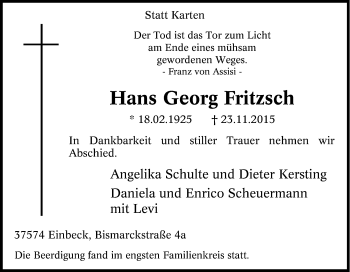 Traueranzeige von Hans Georg Fritzsch von Tageszeitung