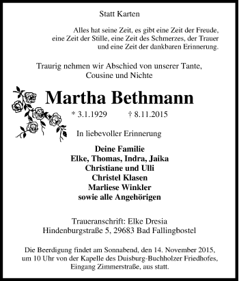 Traueranzeige von Martha Bethmann von Tageszeitung