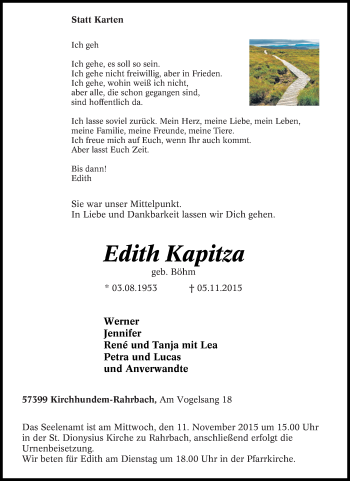 Traueranzeige von Edith Kapitza von Tageszeitung