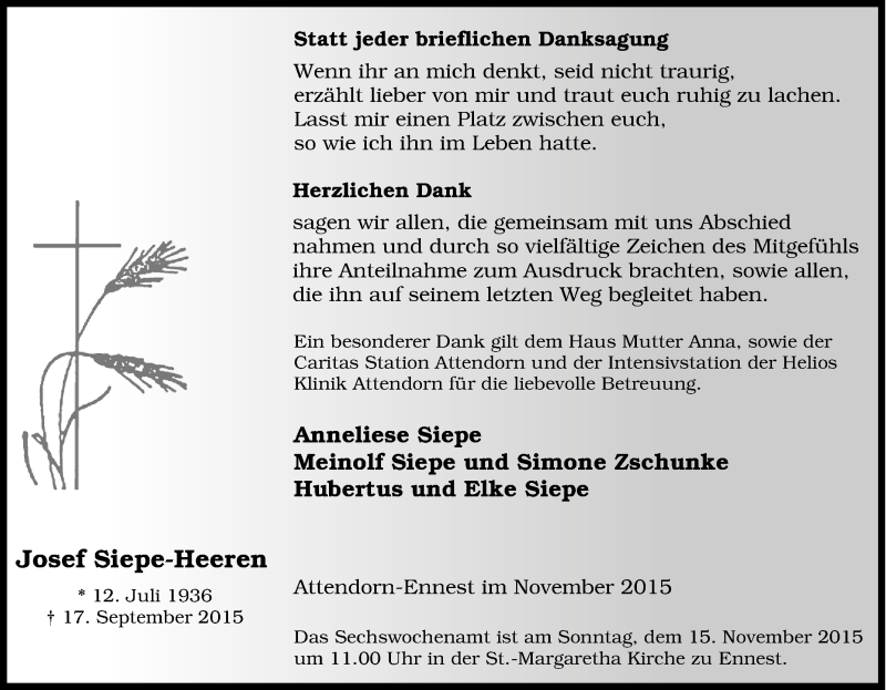  Traueranzeige für Josef Siepe-Heeren vom 11.11.2015 aus Tageszeitung