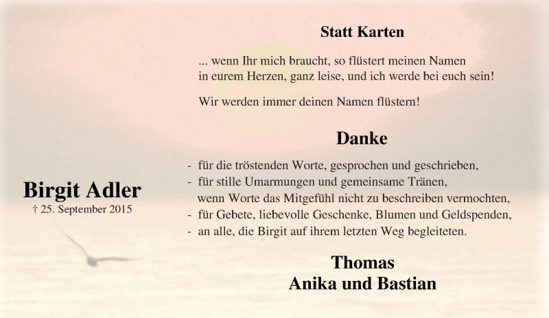  Traueranzeige für Birgit Adler vom 14.11.2015 aus Tageszeitung