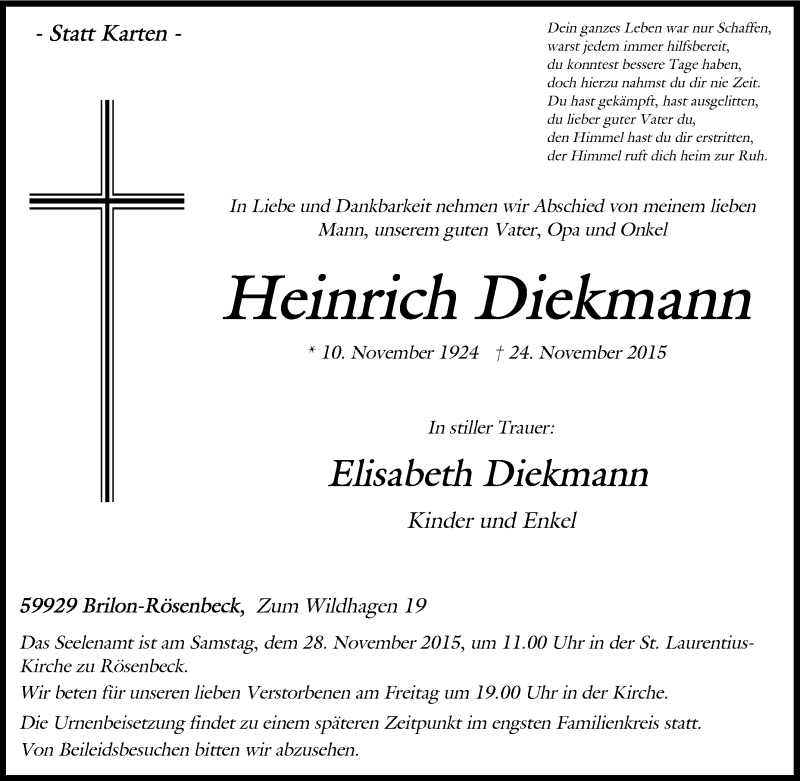  Traueranzeige für Heinrich Diekmann vom 26.11.2015 aus Tageszeitung