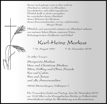 Traueranzeige von Karl-Heinz Markus von Tageszeitung
