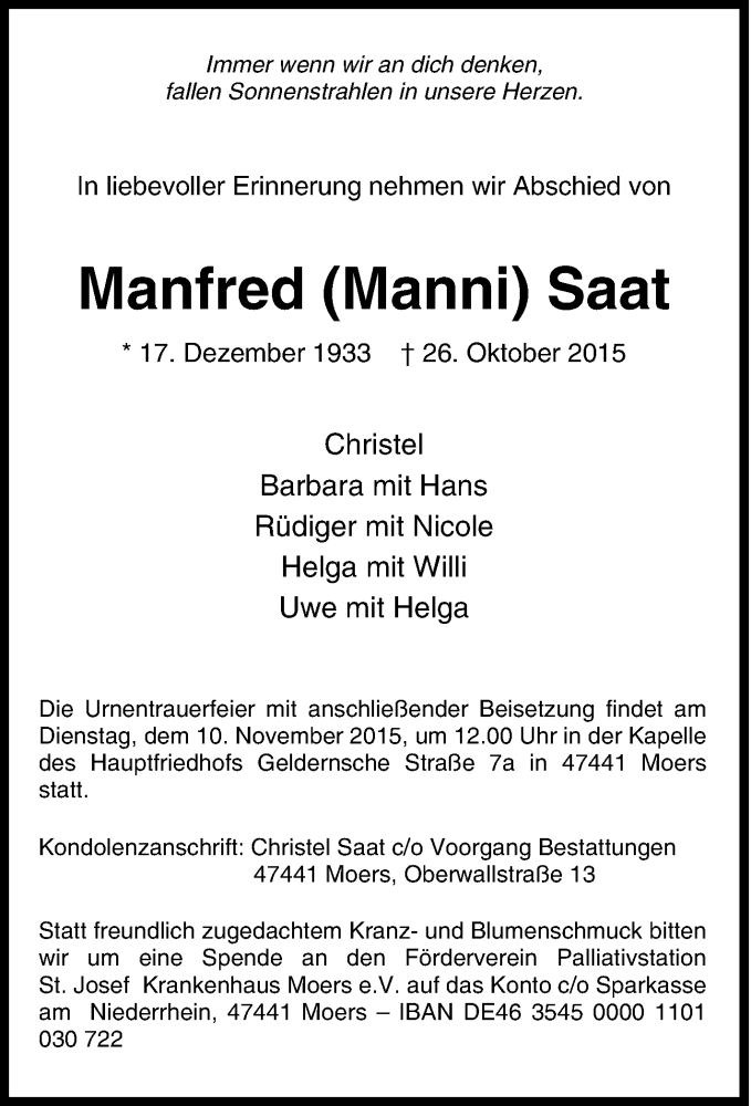  Traueranzeige für Manfred Saat vom 04.11.2015 aus Tageszeitung