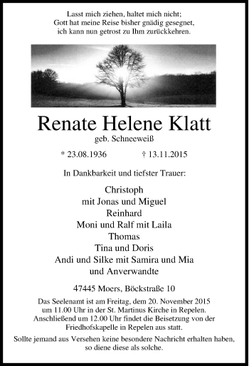 Traueranzeige von Renate Helene Klatt von Tageszeitung