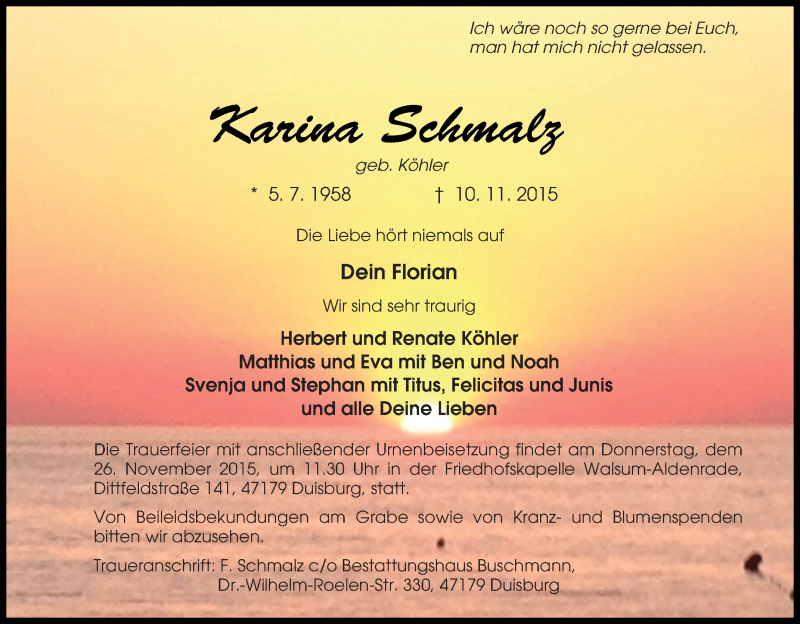  Traueranzeige für Karina Schmalz vom 20.11.2015 aus Tageszeitung