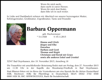 Traueranzeige von Barbara Oppermann von Tageszeitung