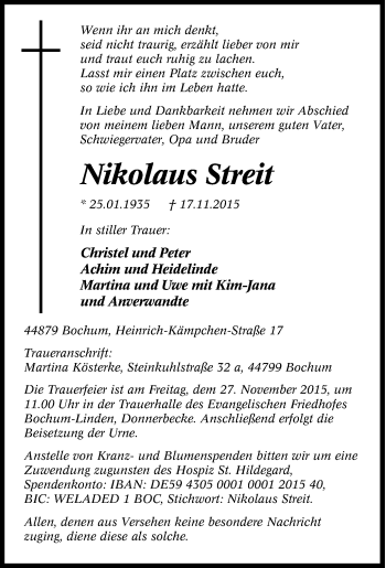 Traueranzeige von Nikolaus Streit von Tageszeitung