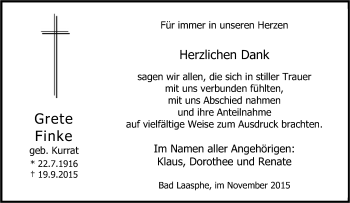 Traueranzeige von Grete Finke von Tageszeitung