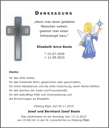 Traueranzeige von Elisabeth Anna  Beule von Tageszeitung