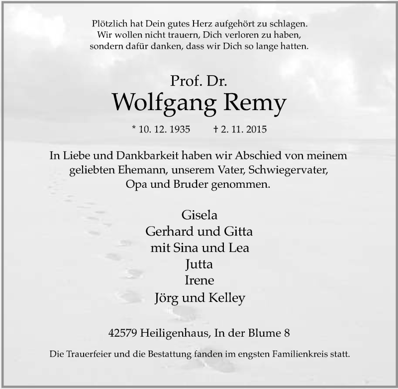Traueranzeigen von Wolfgang Remy TrauerinNRW.de