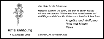 Traueranzeige von Irma Isenburg von Tageszeitung