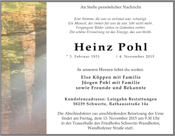 Traueranzeige von Heinz Pohl von Tageszeitung