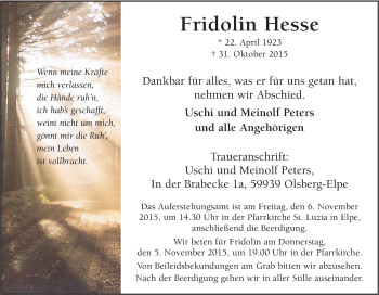 Traueranzeige von Fridolin Hesse von Tageszeitung